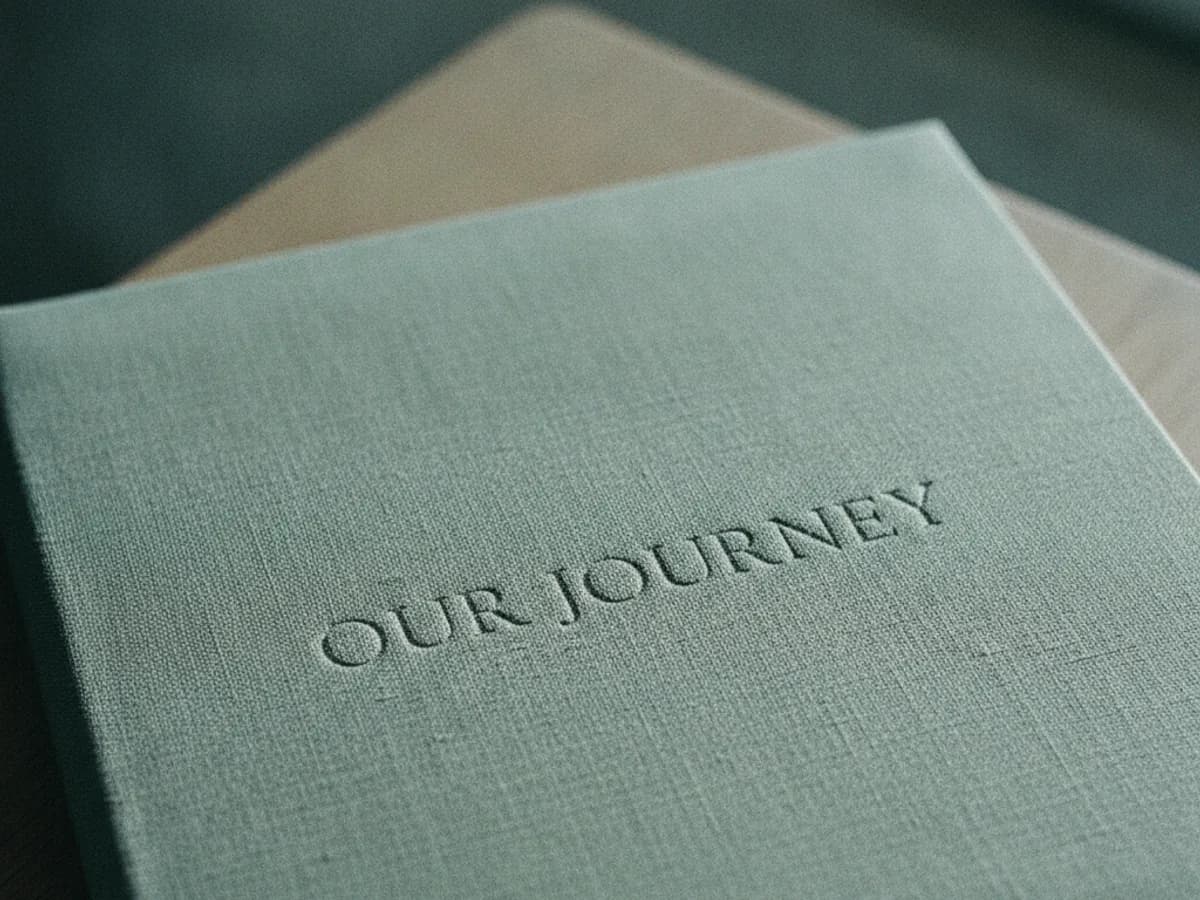Leineneinband eines Fotoalbums mit geprägter Schrift