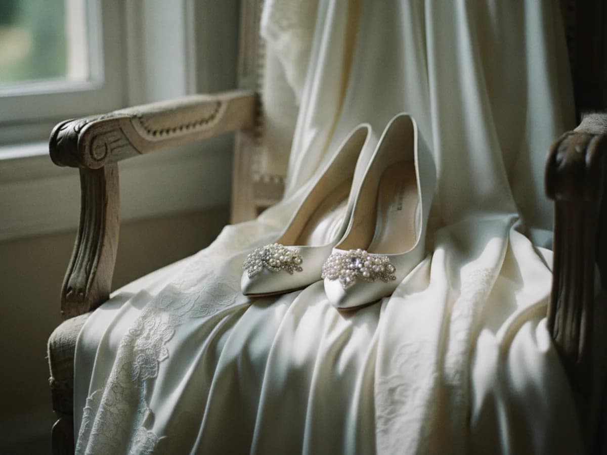 Brautschuhe und Kleidstoff im Morgenlicht vor der Trauung