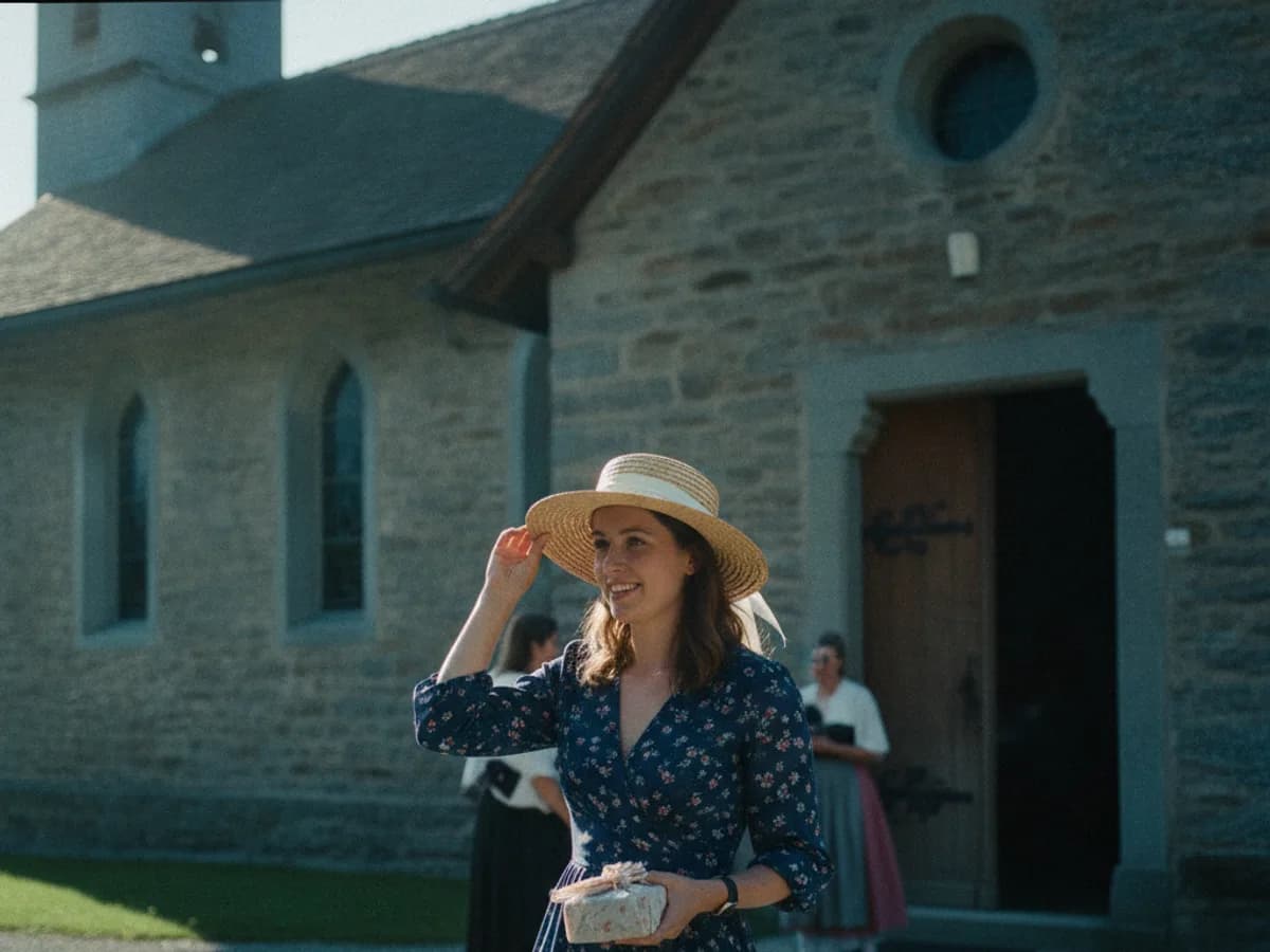 Gäste treffen vor einer Schweizer Landkirche ein