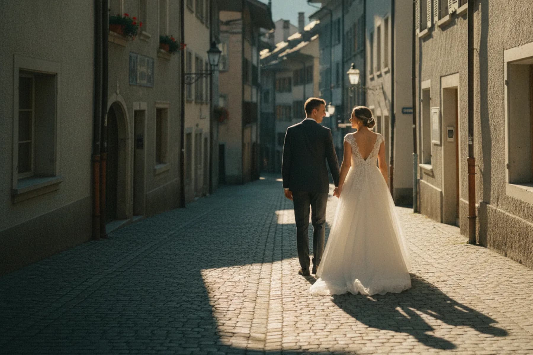 Brautpaar geht Hand in Hand durch die Berner Altstadt im Abendlicht